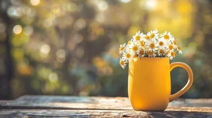 Fotobehang Bright Yellow Mug Filled with White Daisies on Rustic Wooden Table. A Taste of Spring in a Serene Outdoor Setting. Perfect for Warm, Natural Themes. AI © Irina Ukrainets