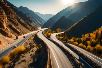 The scenery of the highway amid the mountains. broad view of a highway. A view of the setting sun from the canyon area road. Summertime scenery along a stunning road.  - obrazy, fototapety, plakaty