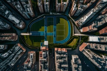 drone photography, drone view of a city, megacity streets seen from above, drone perspective