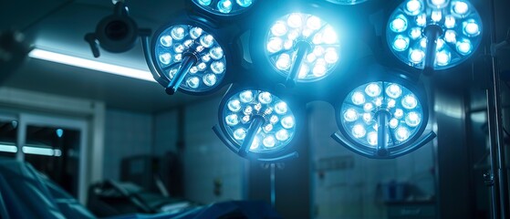 Close up on surgical lights, intense illumination, sterile environment. 