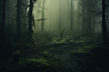 mossy grass and fog in a forest - obrazy, fototapety, plakaty