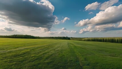 View of green field of cut grass and blue sky with clouds on the horizon. Perfect green grass on a sunny summer day.
