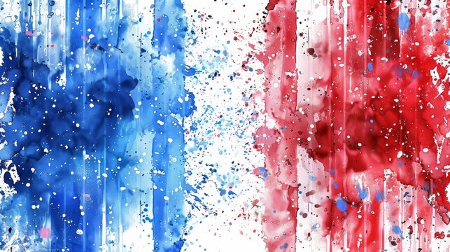Watercolor abstract splashes background in France flag colors. Template for national holidays or celebration background. Holiday template background 
