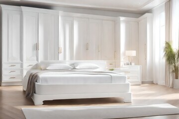 White wardrobe and king-size bed in a light-colored bedroom.