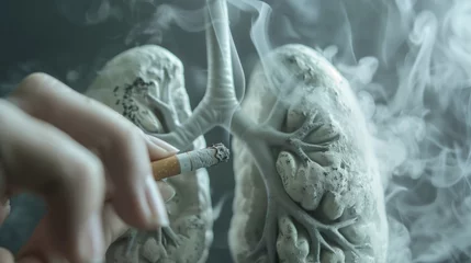 Tuinposter Smoker hand holding a smoking cigarette next to lungs full of smoke representing the danger of smoking for health, lung cancer and illness concept, World no tobacco day, generative ai © OP38Studio