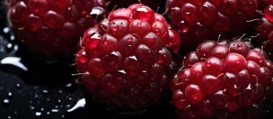 A closeup shot of ripe raspberries, a delicious seedless fruit, on a black surface. These natural...