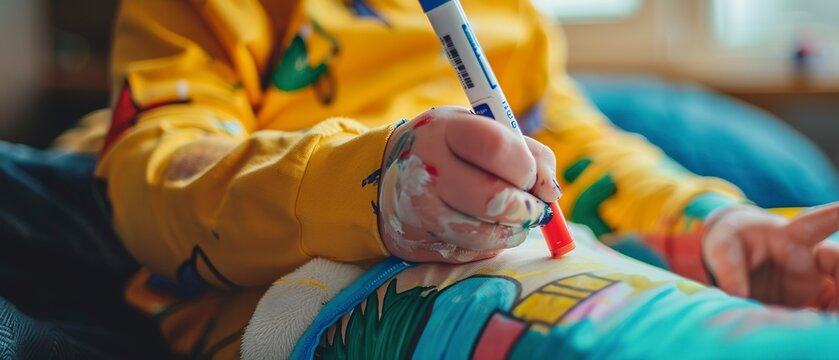 Child drawing on a cast with markers, creative healing, close perspective.