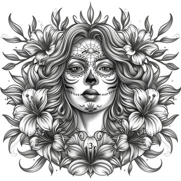 Image of a girl with a sugar skull, flowers. Icon for Mexican events.