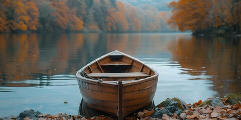 Wooden boat on the edge of a lake in autumn. Concept Scenic Views, Autumn Vibes, Lakeside Beauty, Wooden Boats, Nature Photography