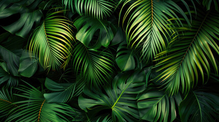 Fototapeta na wymiar Tropical leaves Monstera and palm tree leaf. Flat lay, top view, generative ai