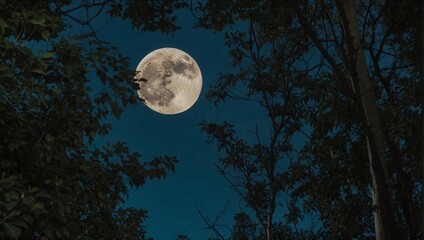 full moon shows behind the long trees with cool breeze started at night