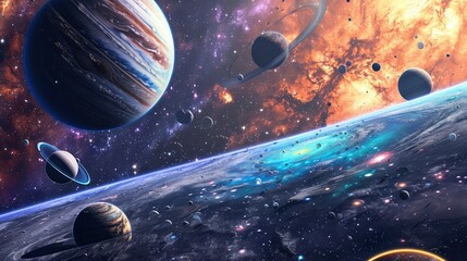 A visually captivating digital artwork depicting a stylized and colorful rendition of the solar system with dynamic lighting.