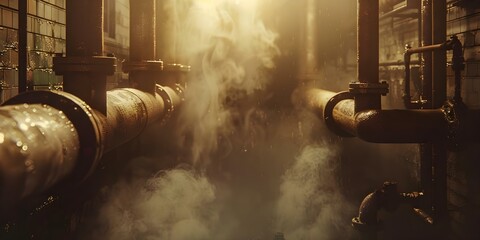 Rusty pipes release steam in a city alley casting eerie shadows and creating a haunting atmosphere. Concept Urban Decay, Industrial Setting, Atmospheric Lighting, Steamy Shadows, Haunting Atmosphere