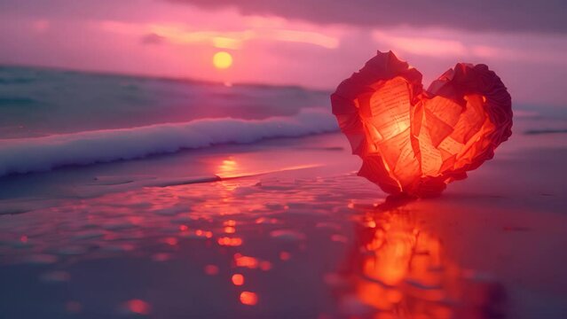 Red origami heart on beach at sunset with pink sky and ocean waves in background