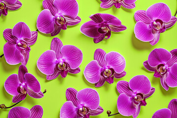 Beautiful arrangement of many purple orchids on bright green background, floral pattern for design concept