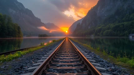 Fotobehang Serene Sunset Over Railway Tracks in Mountainous Landscape © OKAN