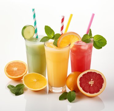 Different tasty juices and fresh ingredients on white background, Tasty fresh and healthy juices 