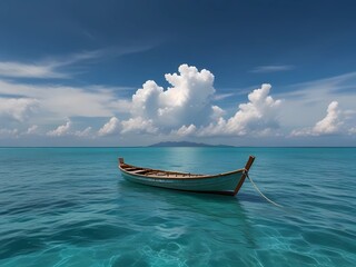 Summer vacation scenery, boat in ocean water, panoramic view.