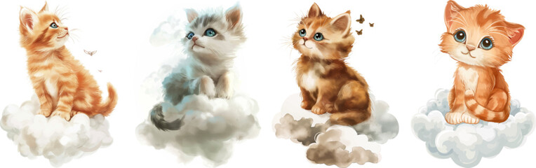 Watercolor clipart with cute cats on a cloud
