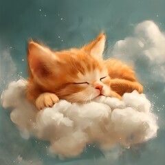 Watercolor cat sleeps on a cloud. Square wall art print

