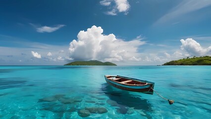 Summer vacation scenery, boat in ocean water, panoramic view.