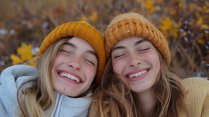 Twin Sisters Smiling Together in Autumn