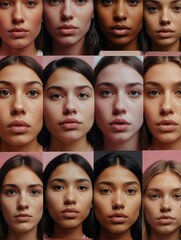 Obraz premium Abstract pink theme collage of diverse inclusive human woman faces art design illustration from Generative AI