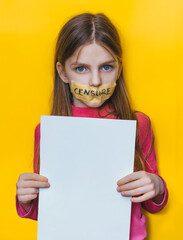 Fototapeta na wymiar A child with a blank sheet of paper and his mouth taped. Yellow background. Condemnation. Ban on opinion, authoritarianism, unwillingness to listen to children, restriction of freedom of speech.
