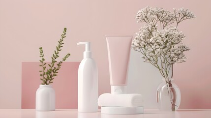Minimalist Beauty Product Display with Botanical Elements on Pastel Backdrop. Elegant Skincare Packaging Setup. Contemporary Cosmetic Product Presentation. AI