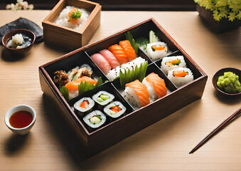 The sushi is beautifully arranged in a wooden bento box 