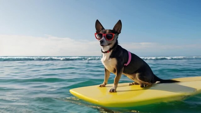 Happy dogs with sunglasses on surfboard in ocean	
