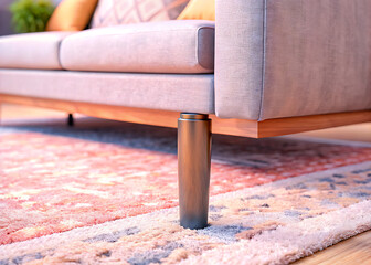 Interior Design: Close-Up Detail of Sofa Leg and Carpet Rug in Home Setting.
