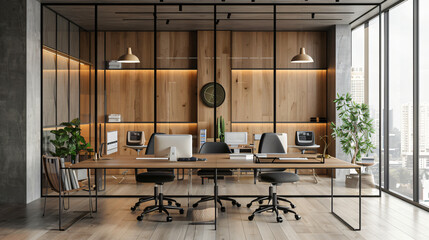 Modern office interior in loft industrial style 3d render, architecture, building, interior,...