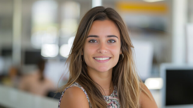 Young portuguese woman smiles warmly, reflecting her role as a human resources specialist in a bustling corporate environment.