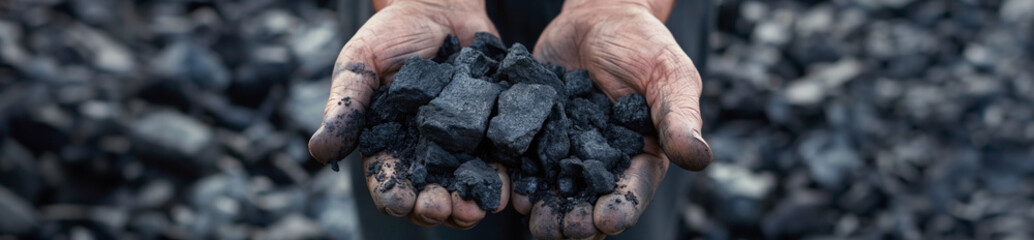 person hands holding coals over a dark coal background with copy space - obrazy, fototapety, plakaty