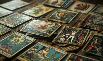 A deck of tarot cards with a variety of images and numbers. The cards are spread out on a wooden table
