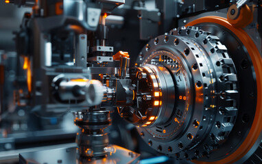 Fototapeta premium A machine with a large orange part is being worked on. The machine is surrounded by other smaller machines