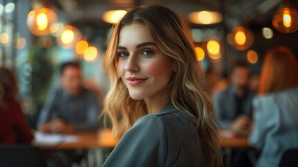Obraz premium Young Woman Smiling in a Busy Cafe During Evening Hours