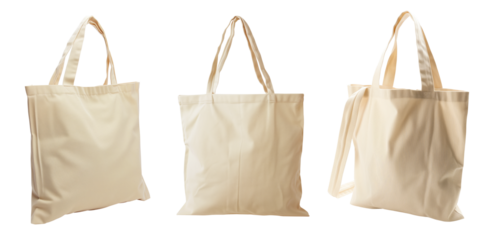 Set of beige cream eco fabric recycle reusable tote sling bag, front and side view on transparent cutout, PNG file. Mockup template for artwork graphic design