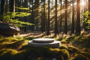 A flat stone podium with an empty round stand backdrop is situated in a lovely woodland. - obrazy, fototapety, plakaty