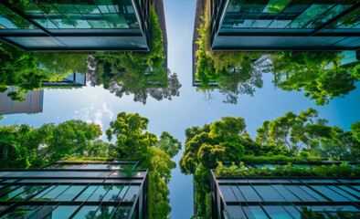 A view of a city with three tall buildings and a lot of greenery. The buildings are covered in plants and the sky is clear and blue