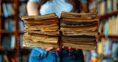 A woman is holding a stack of books in her hands. - obrazy, fototapety, plakaty
