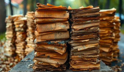 A pile of old newspapers stacked on top of each other. The pile is large and he is quite old.