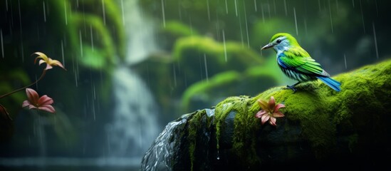 A bird with colorful feathers is perched on a mosscovered branch in front of a cascading waterfall,...