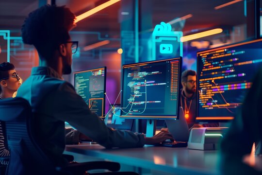 Team of software developers or testers sitting in an office, working on computers with code open. They collaborate on coding and testing software projects as a team.