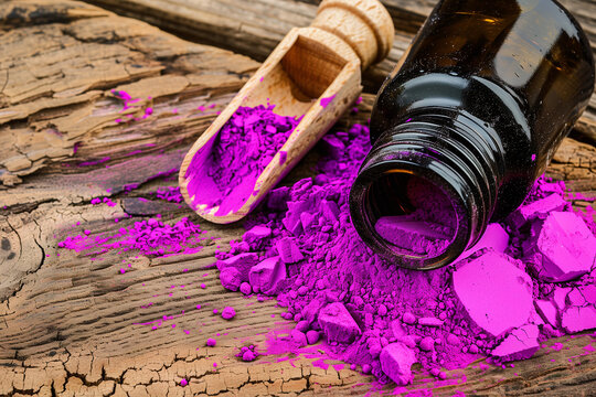 pink powder slipping out of bottle with scoop on wooden table