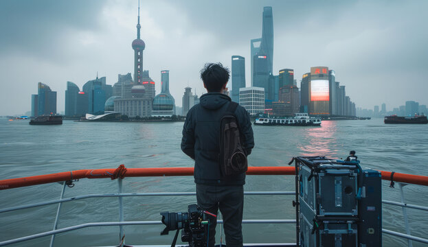 A man stands on a boat looking out at the city skyline. The sky is cloudy and the water is calm
