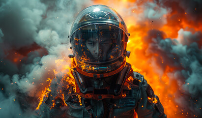 A man in a space suit is surrounded by fire and smoke. Concept of danger and destruction, as the man is in the midst of a fiery explosion