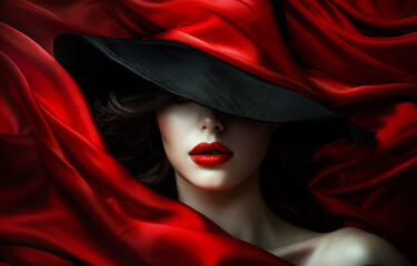 A woman wearing a black hat and red lipstick is shown in a red background - 771579970