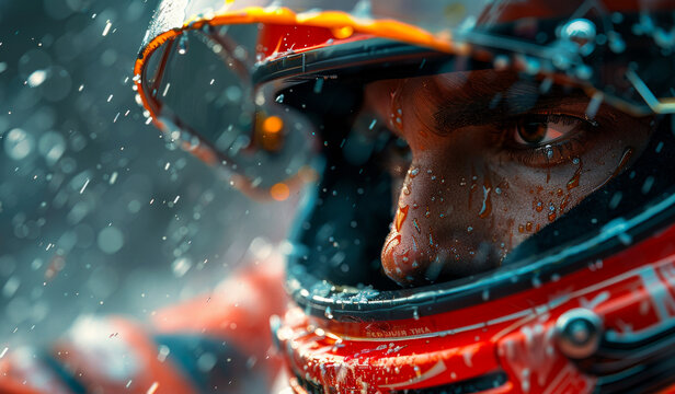 A man in a racing helmet is looking at the camera. The helmet is red and has a visor. The man's face is wet, and he is sweating.